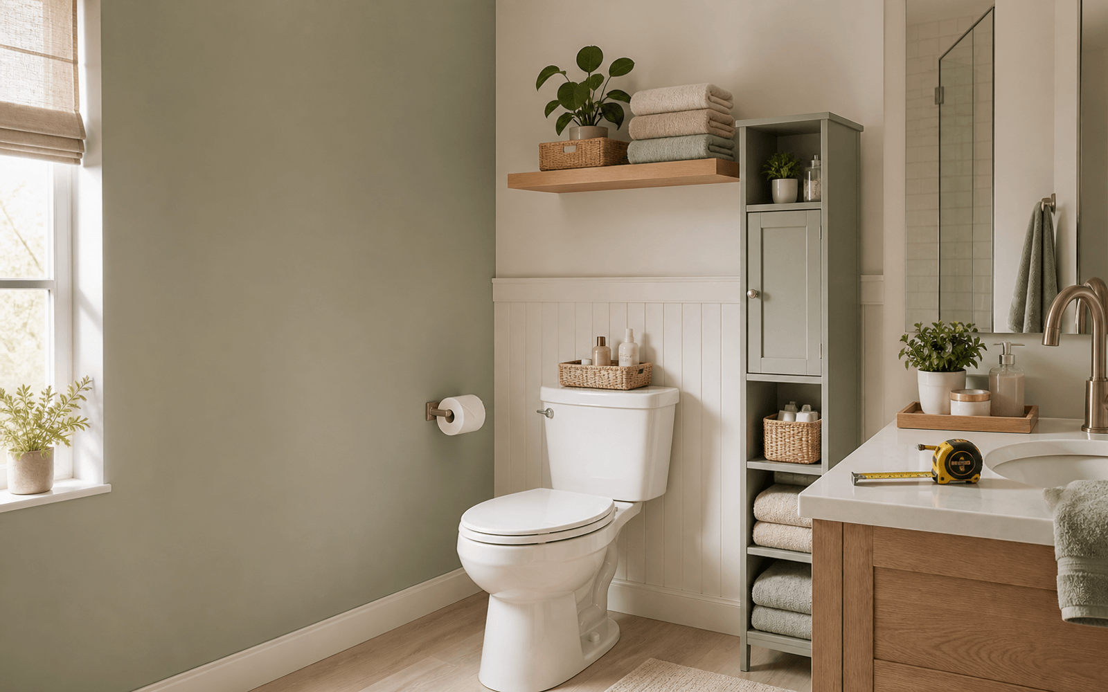Small bathroom with layered storage zones, renter-safe shelves, towels, and a measuring tape on the vanity