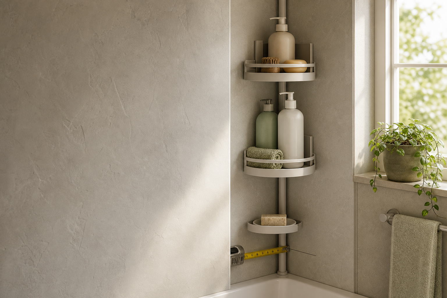 Corner shower caddy in a compact bathroom storage scene