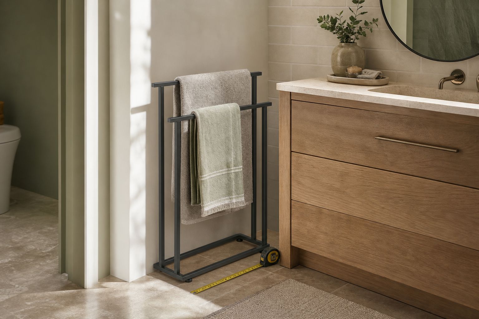 Freestanding towel rack in a compact bathroom storage scene