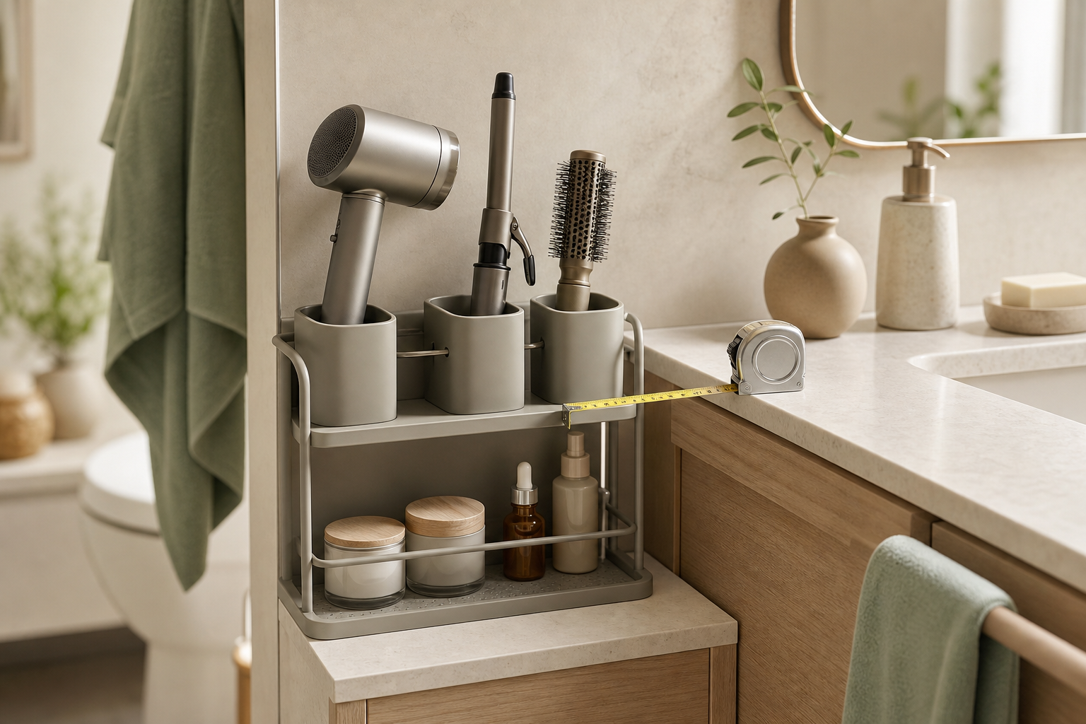 Hair-tool organizer in a compact bathroom storage scene