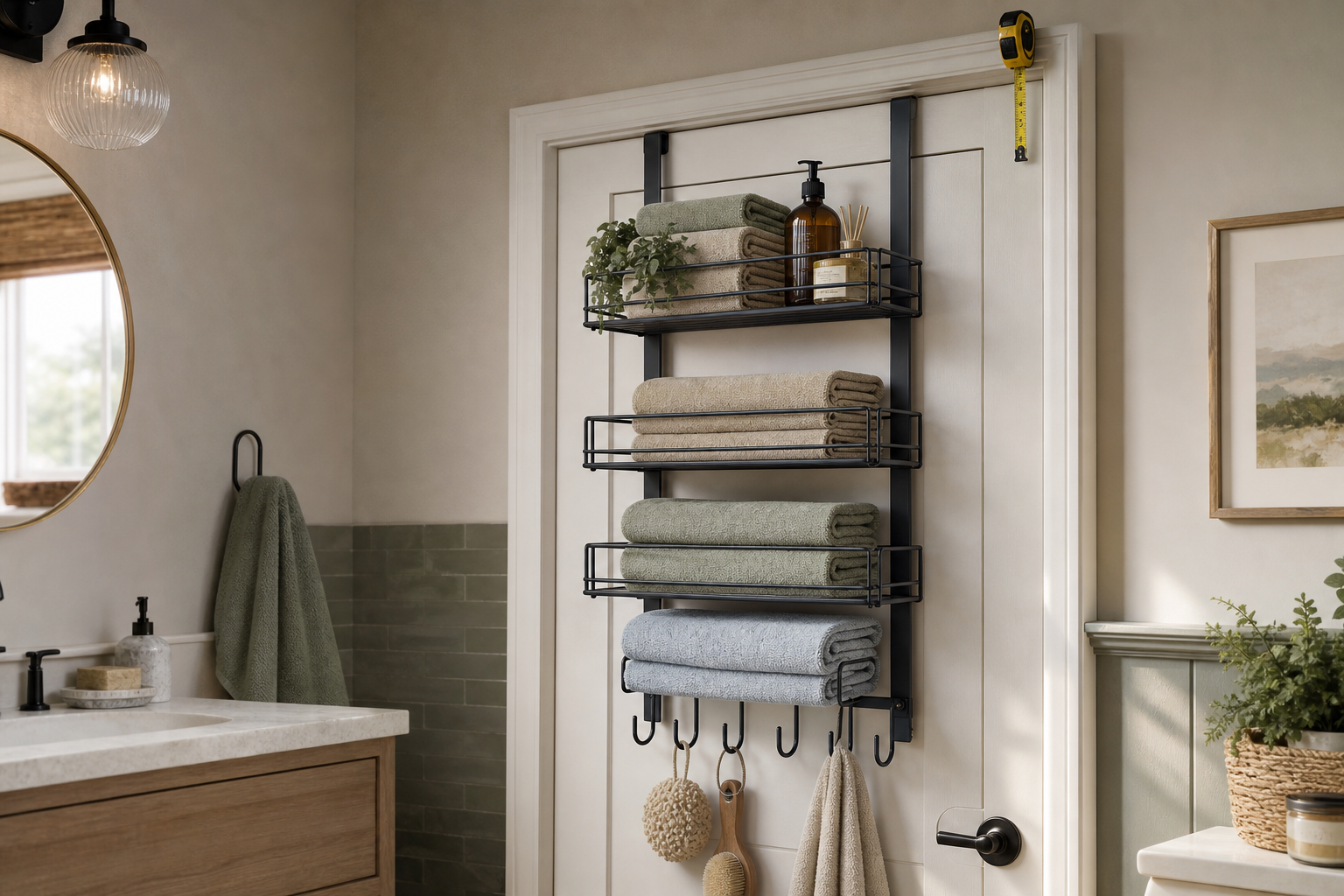 Over-door towel rack in a compact bathroom storage scene