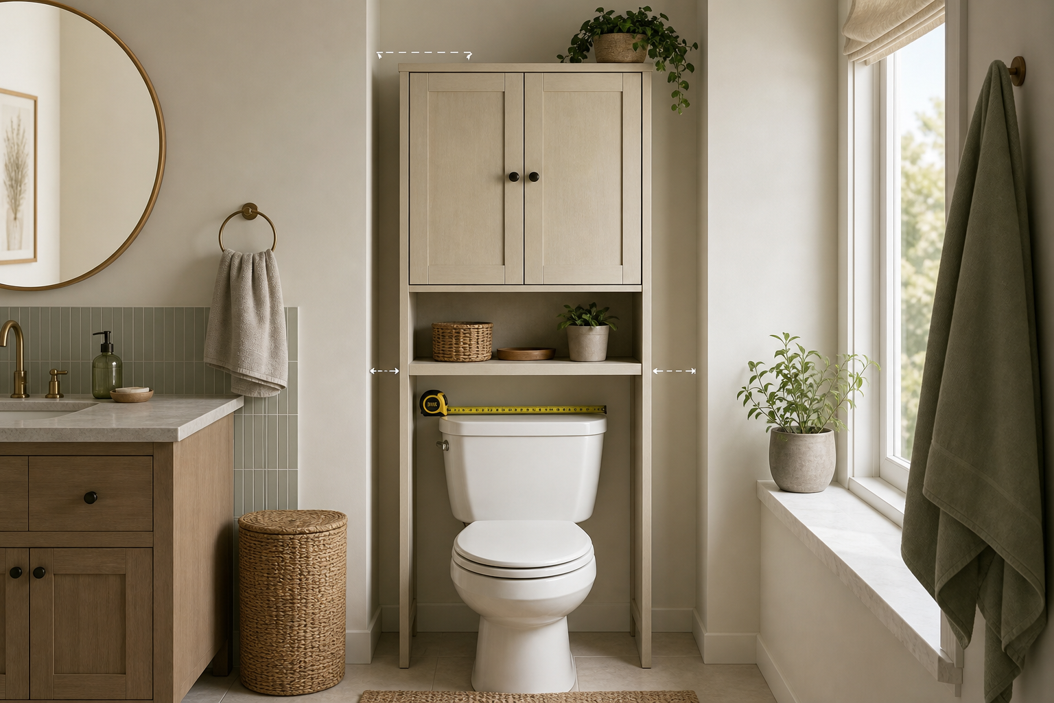 Over-the-toilet cabinet in a compact bathroom storage scene