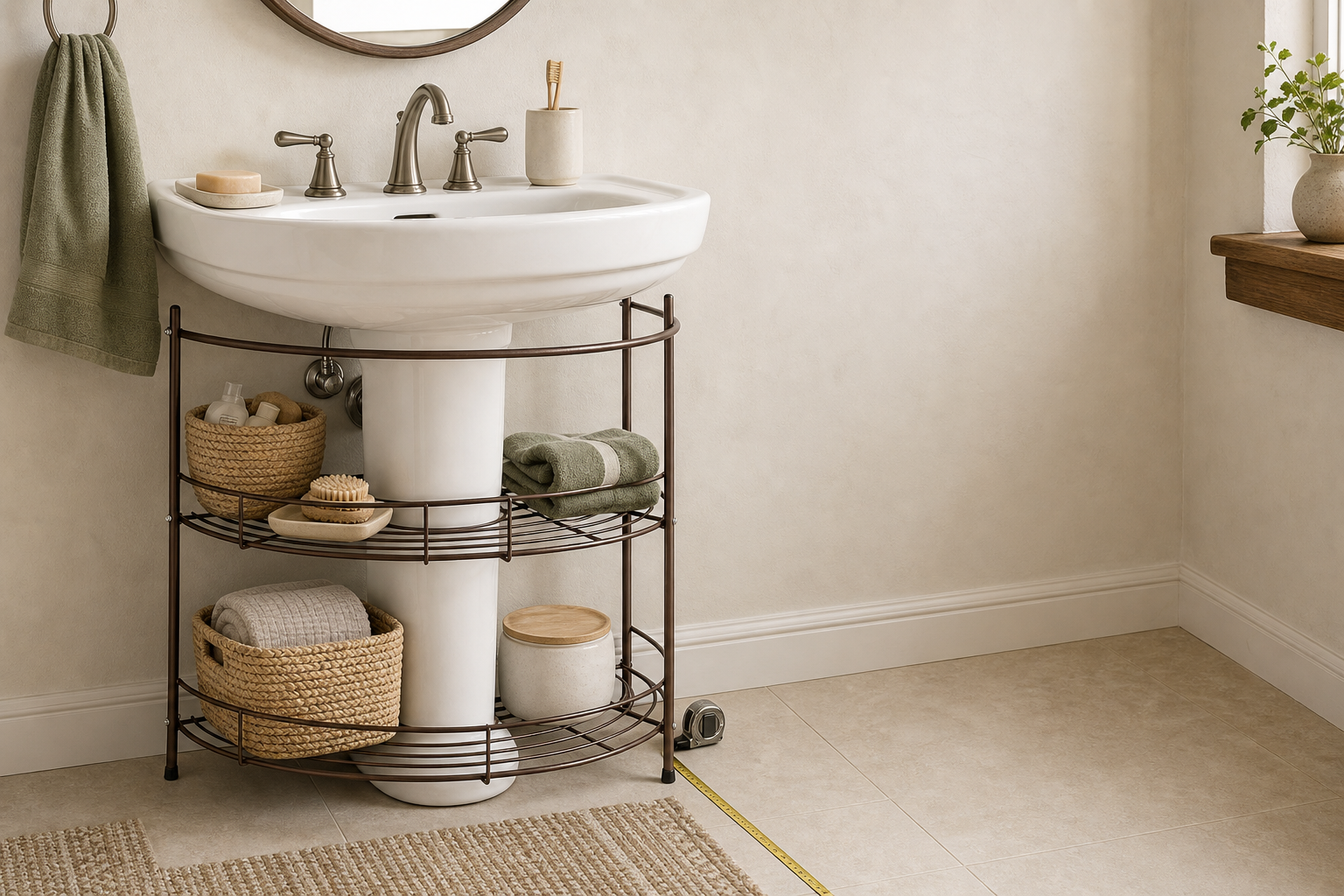 Pedestal sink wraparound shelf in a compact bathroom storage scene