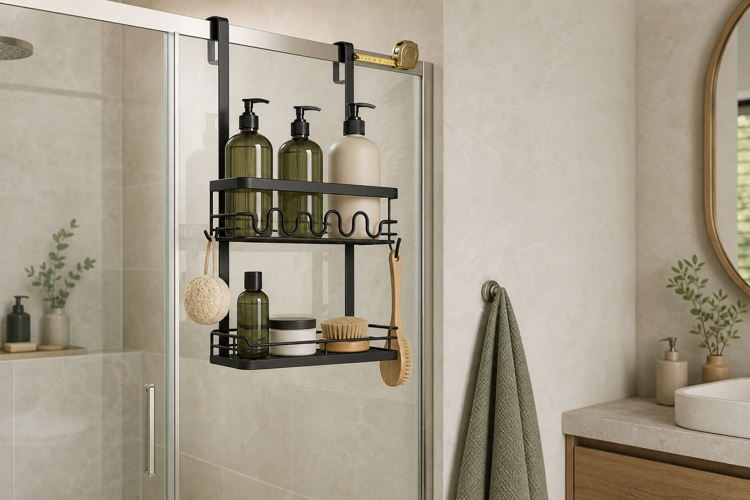 Shower-door caddy in a compact bathroom storage scene