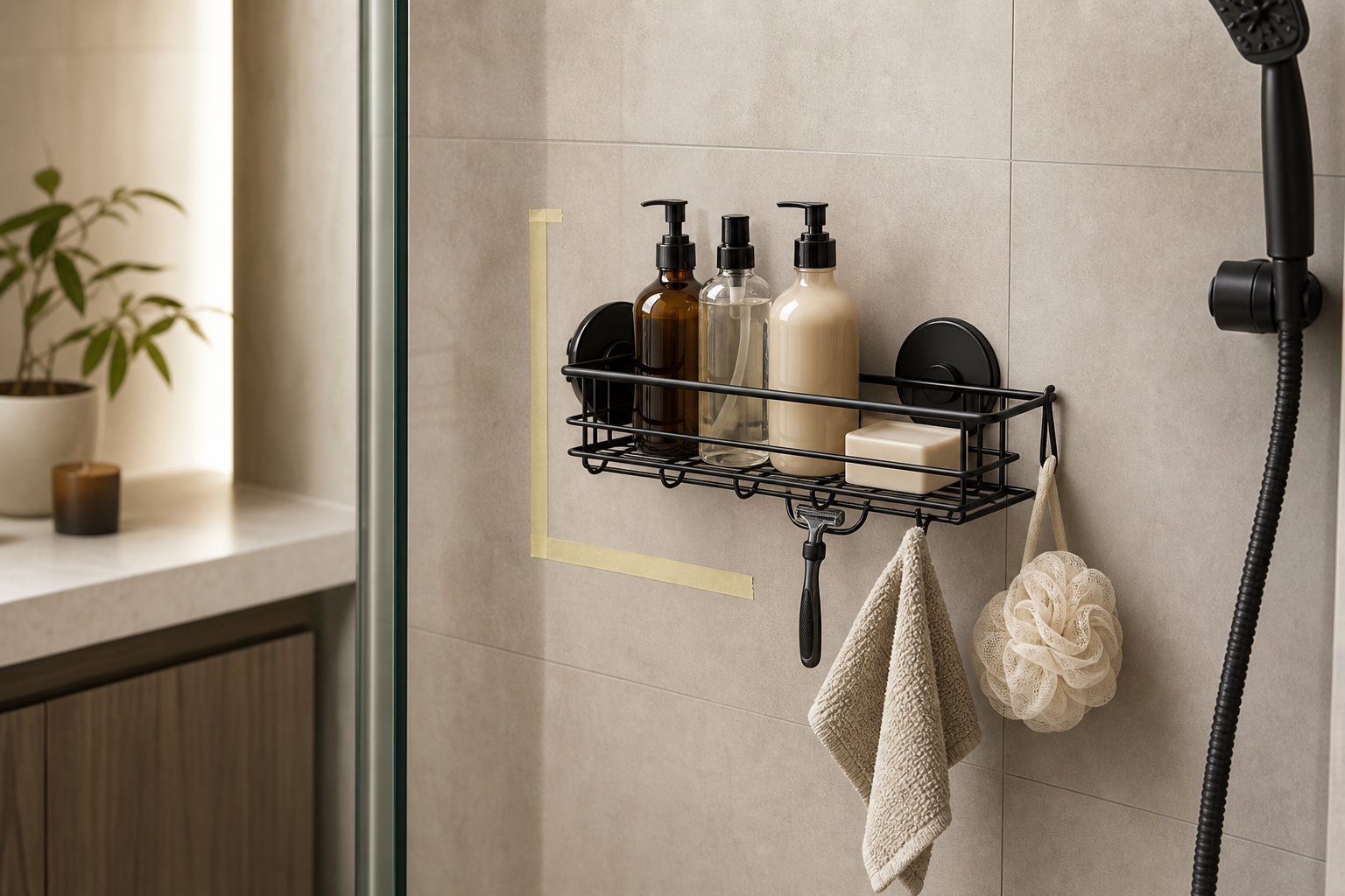 Suction shower shelf in a compact bathroom storage scene