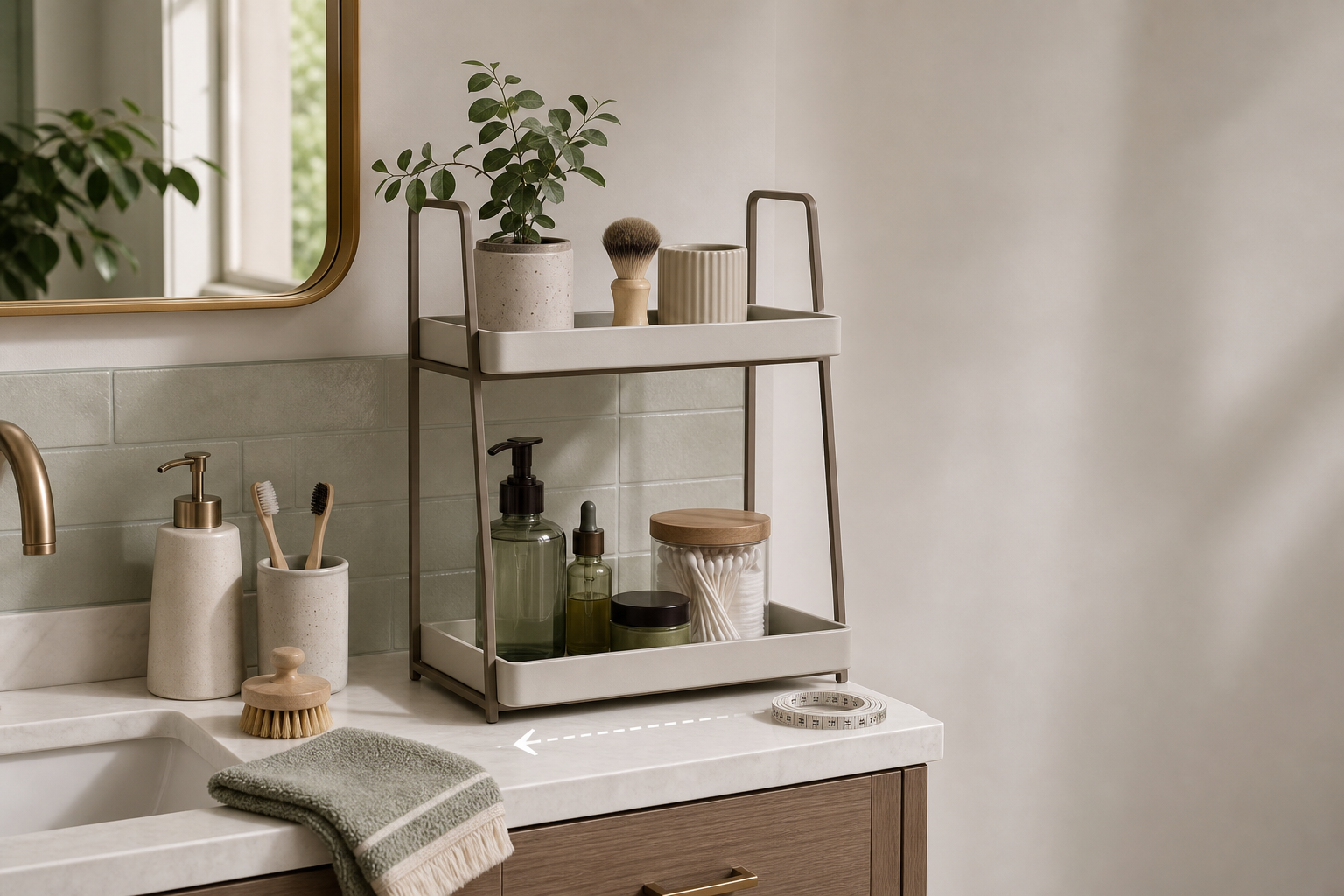 Tiered countertop organizer in a compact bathroom storage scene