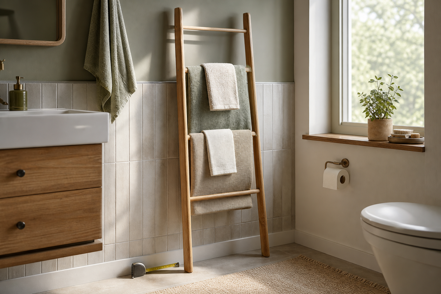 Towel ladder in a compact bathroom storage scene