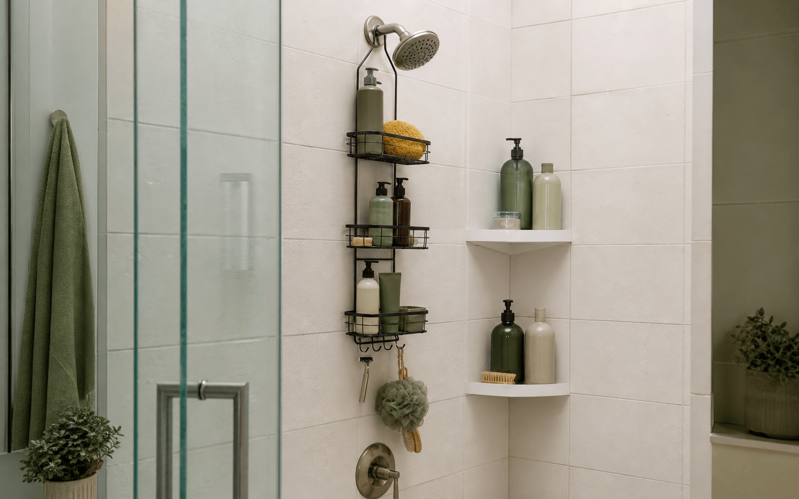 Small shower with caddies, wall shelves, bottle height checks, and moisture-aware organization