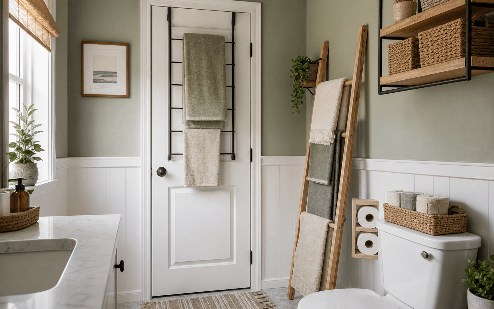 Compact bathroom with towel ladder, over-door rack, toilet paper storage, and folded linen baskets